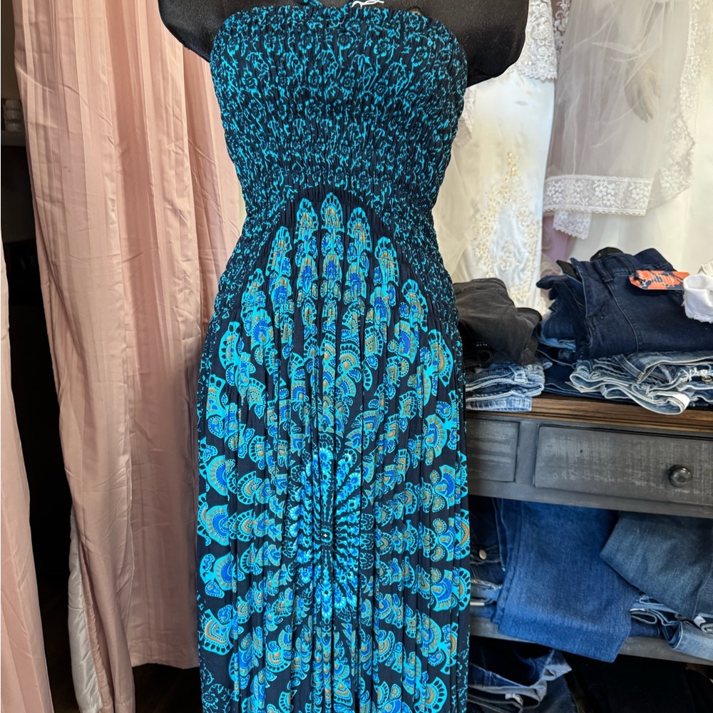 Blue and Black Strapless Sheath Cocktail Dress